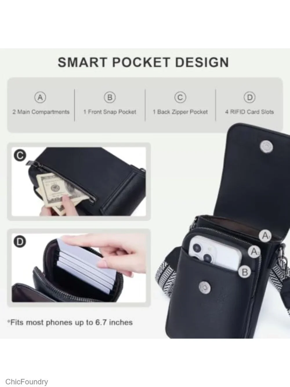 Small Crossbody Purse with Triple Compartments, Cell Phone Wallet with Card